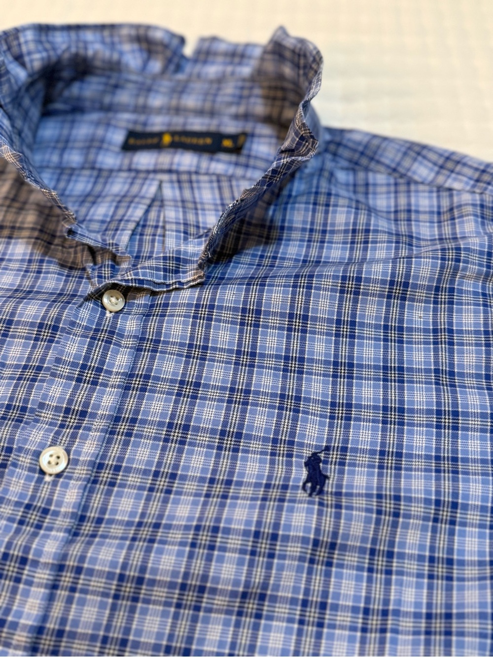 Upcycled Men’s Ralph Lauren Ckassic Blue Plaid Button-Down Shirt - Picture 6 of 8